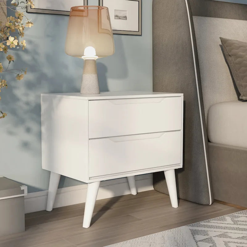 2-Drawer Nightstand with Angled Spindle Legs, Grey / Oak / White / Black, Mid-Century Modern Style