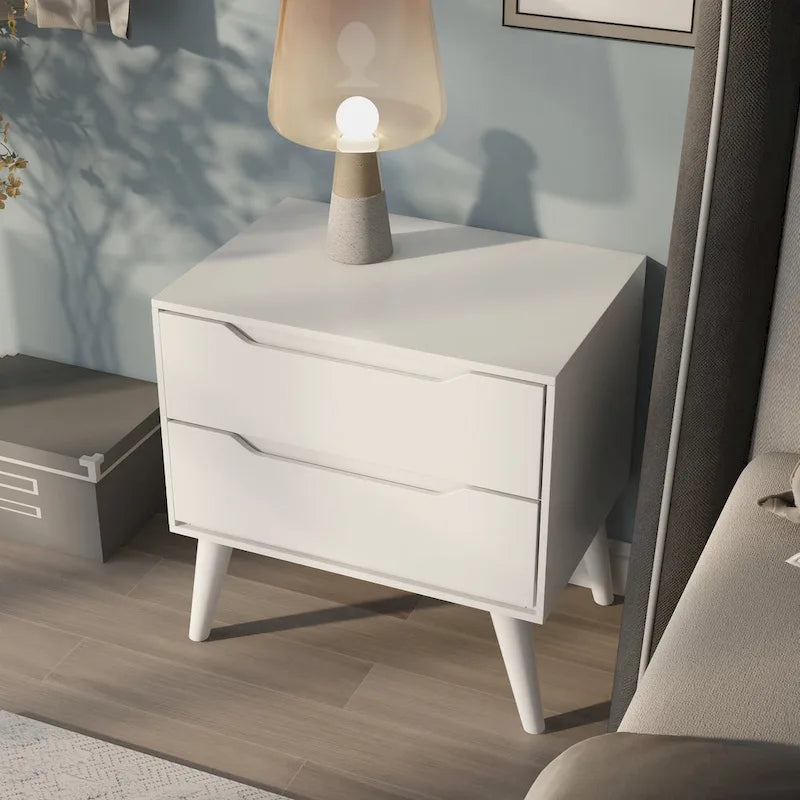 2-Drawer Nightstand with Angled Spindle Legs, Grey / Oak / White / Black, Mid-Century Modern Style