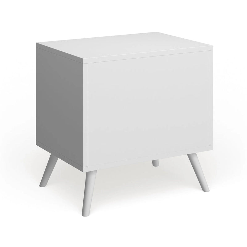 2-Drawer Nightstand with Angled Spindle Legs, Grey / Oak / White / Black, Mid-Century Modern Style