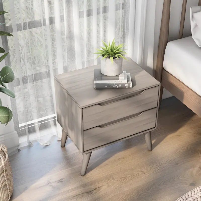 2-Drawer Nightstand with Angled Spindle Legs, Grey / Oak / White / Black, Mid-Century Modern Style