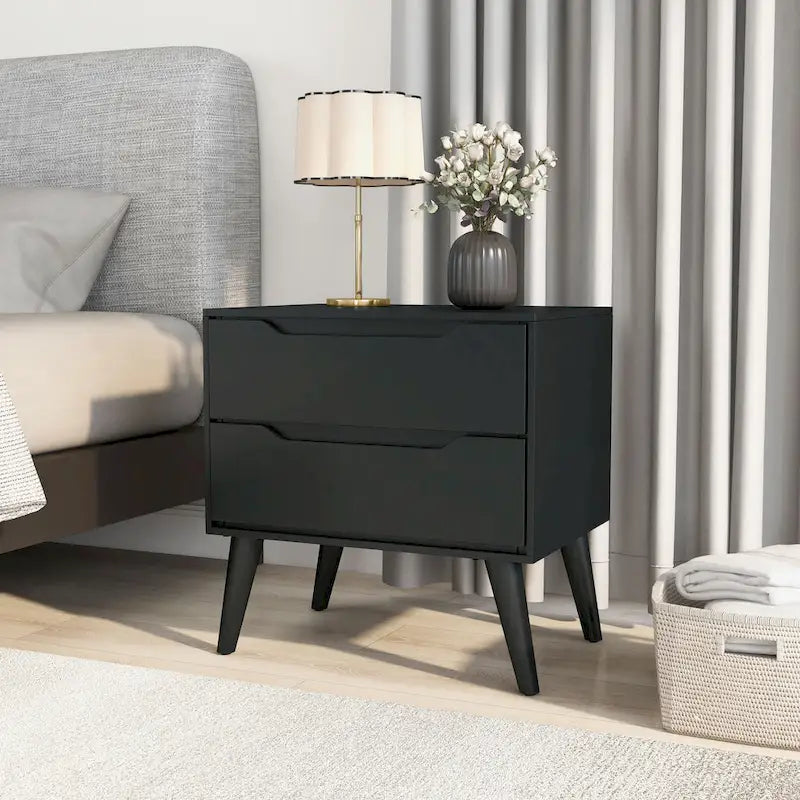 2-Drawer Nightstand with Angled Spindle Legs, Grey / Oak / White / Black, Mid-Century Modern Style