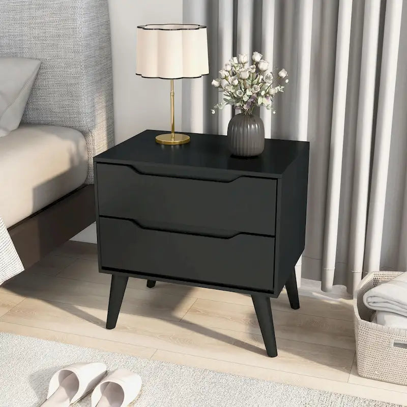 2-Drawer Nightstand with Angled Spindle Legs, Grey / Oak / White / Black, Mid-Century Modern Style