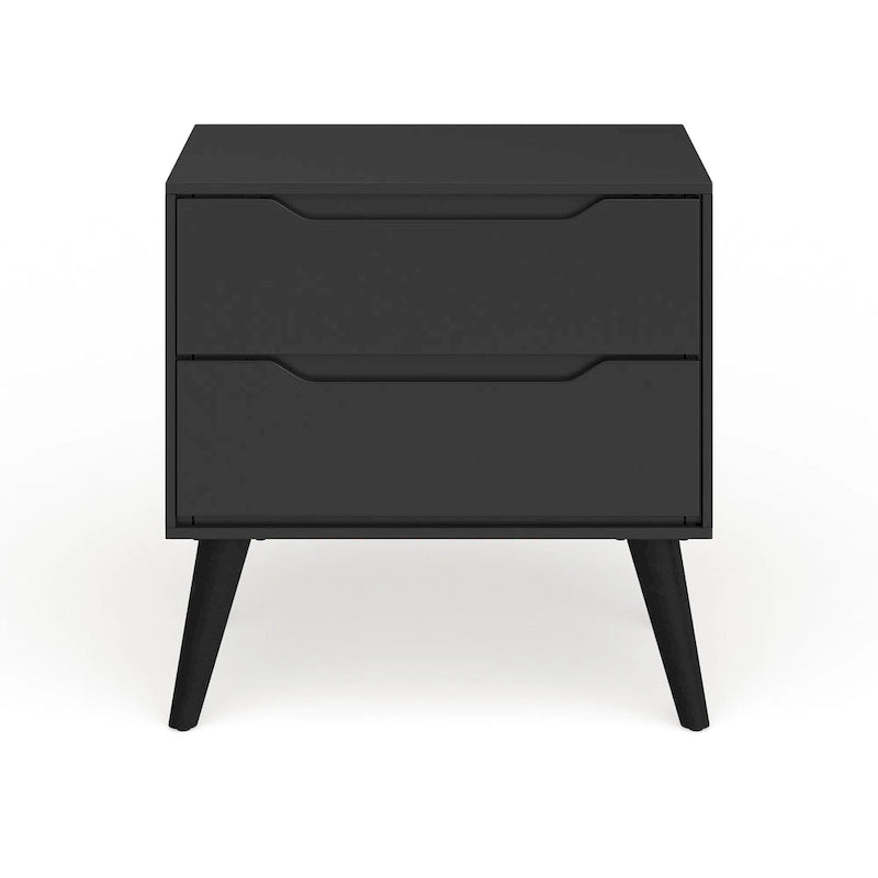 2-Drawer Nightstand with Angled Spindle Legs, Grey / Oak / White / Black, Mid-Century Modern Style