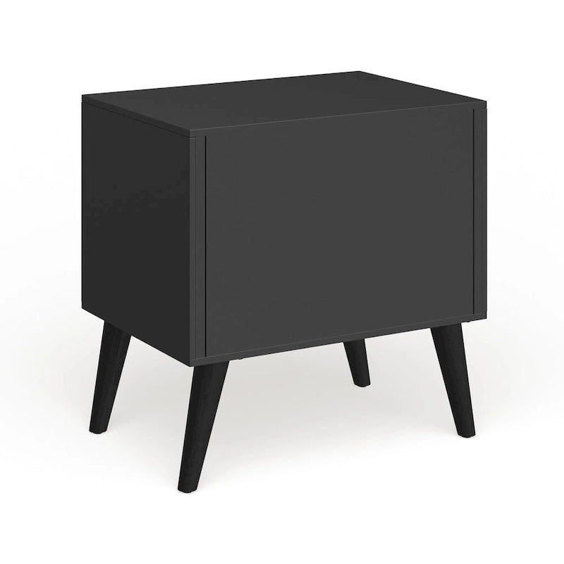 2-Drawer Nightstand with Angled Spindle Legs, Grey / Oak / White / Black, Mid-Century Modern Style