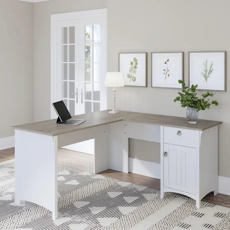 60W L-Shaped Corner Desk with Storage Cabinet & Drawer, Multiple Colors, Mission Style