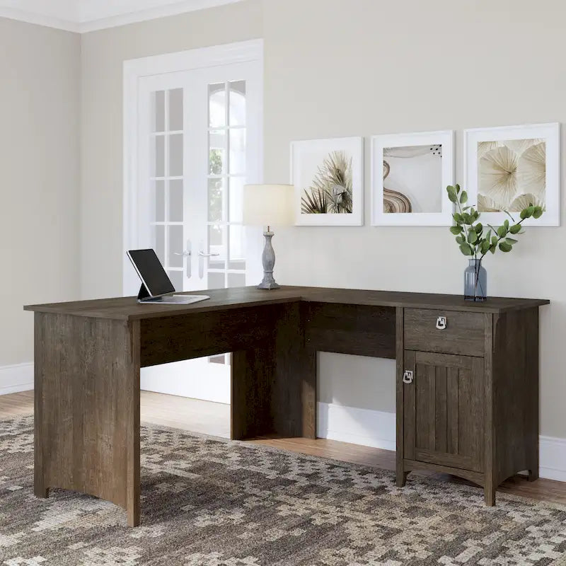 60W L-Shaped Corner Desk with Storage Cabinet & Drawer, Multiple Colors, Mission Style