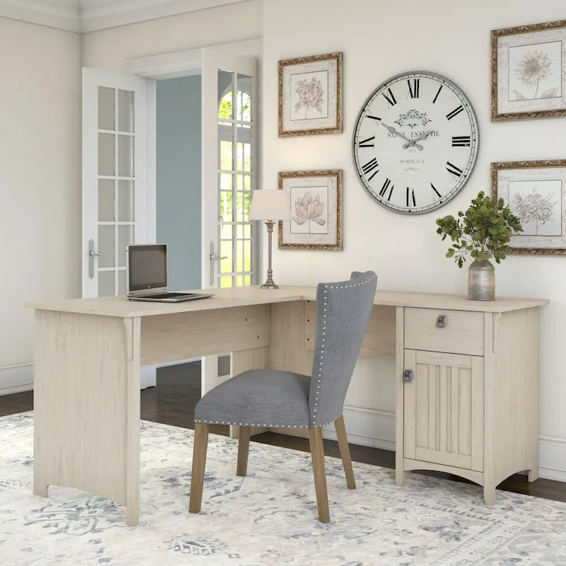 60W L-Shaped Corner Desk with Storage Cabinet & Drawer, Multiple Colors, Mission Style