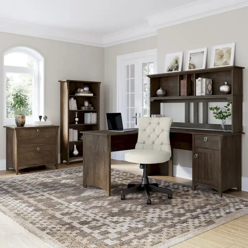 60W L-Shaped Corner Desk with Storage Cabinet & Drawer, Multiple Colors, Mission Style