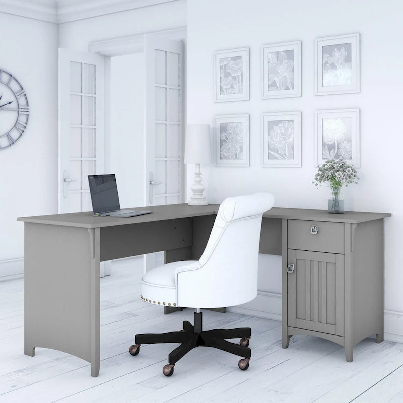 60W L-Shaped Corner Desk with Storage Cabinet & Drawer, Multiple Colors, Mission Style