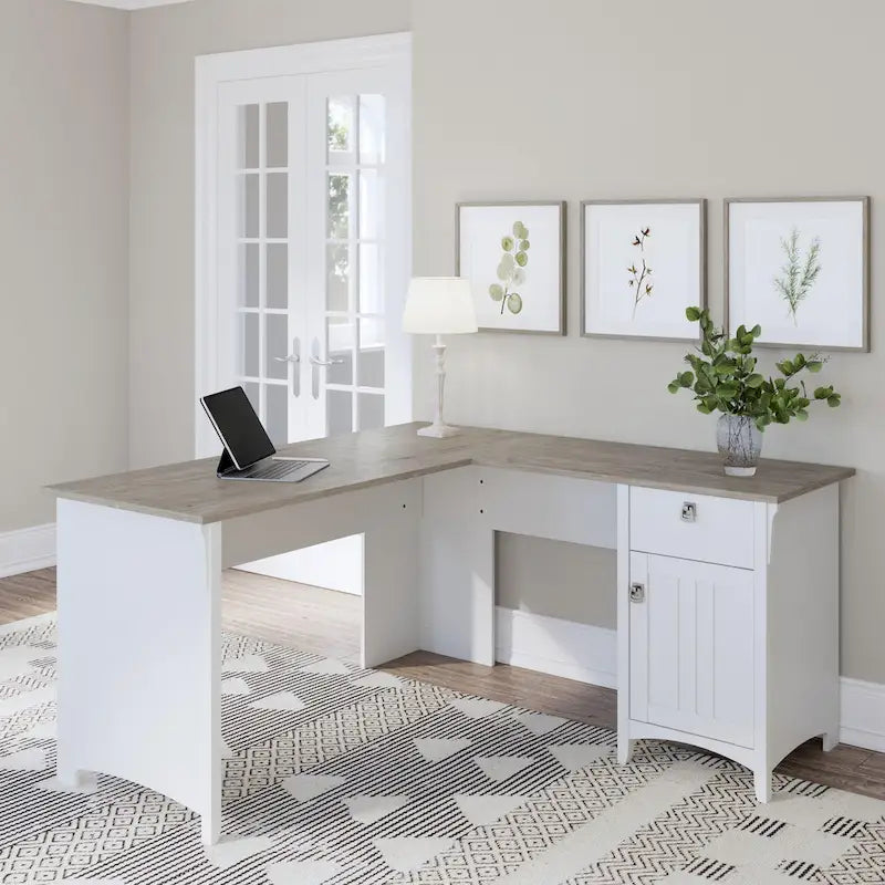 60W L-Shaped Corner Desk with Storage Cabinet & Drawer, Multiple Colors, Mission Style