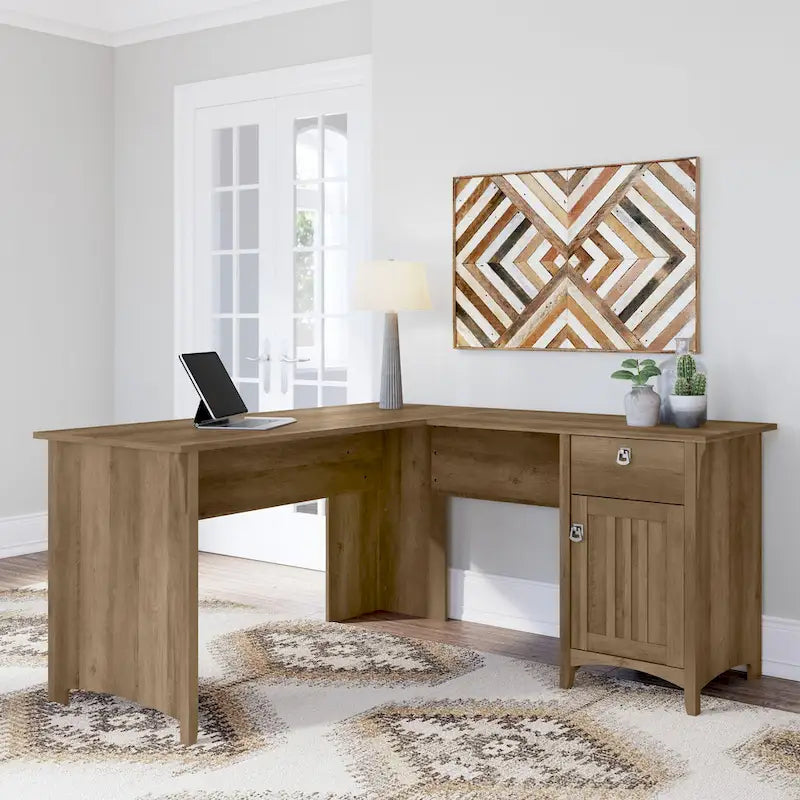 60W L-Shaped Corner Desk with Storage Cabinet & Drawer, Multiple Colors, Mission Style