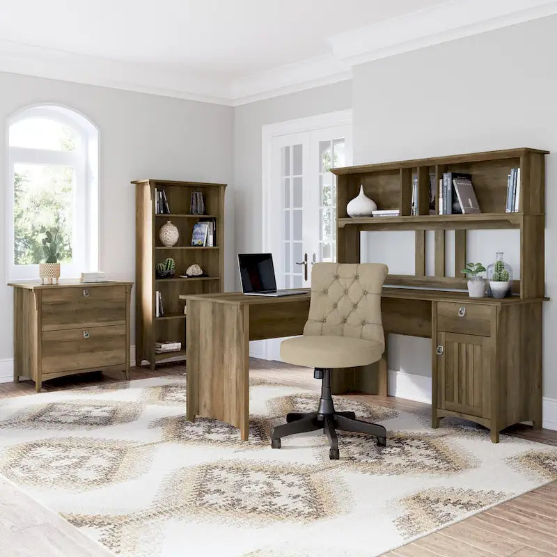 60W L-Shaped Corner Desk with Storage Cabinet & Drawer, Multiple Colors, Mission Style