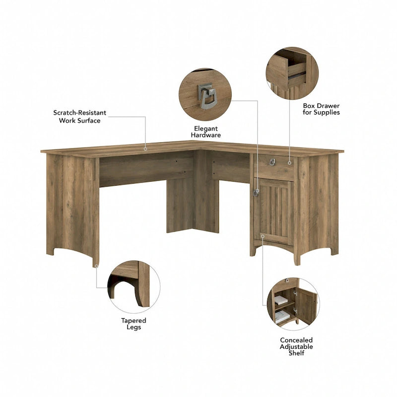 60W L-Shaped Corner Desk with Storage Cabinet & Drawer, Multiple Colors, Mission Style