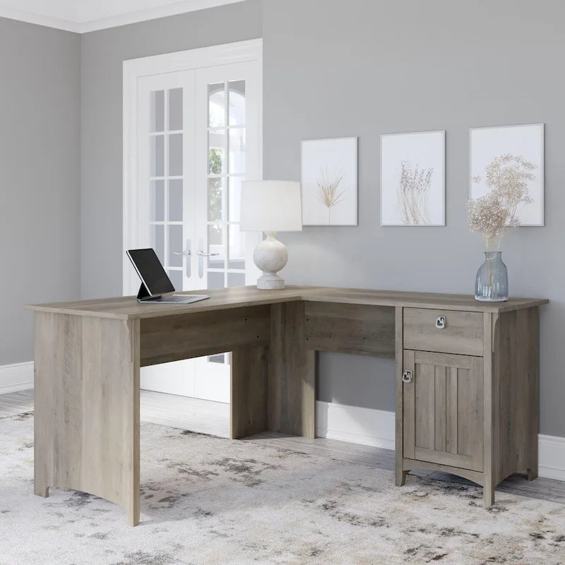 60W L-Shaped Corner Desk with Storage Cabinet & Drawer, Multiple Colors, Mission Style