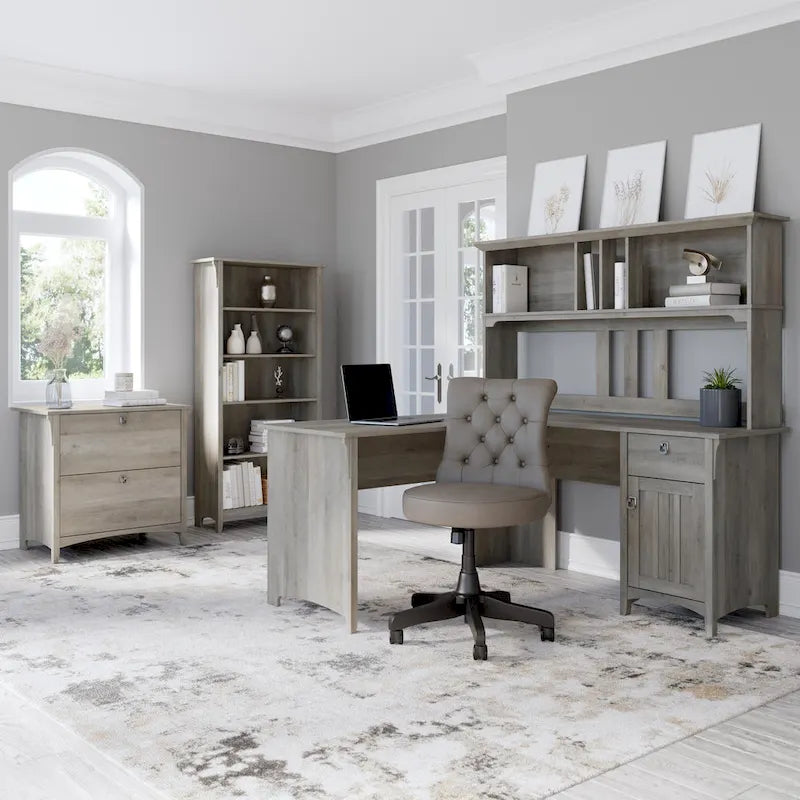 60W L-Shaped Corner Desk with Storage Cabinet & Drawer, Multiple Colors, Mission Style