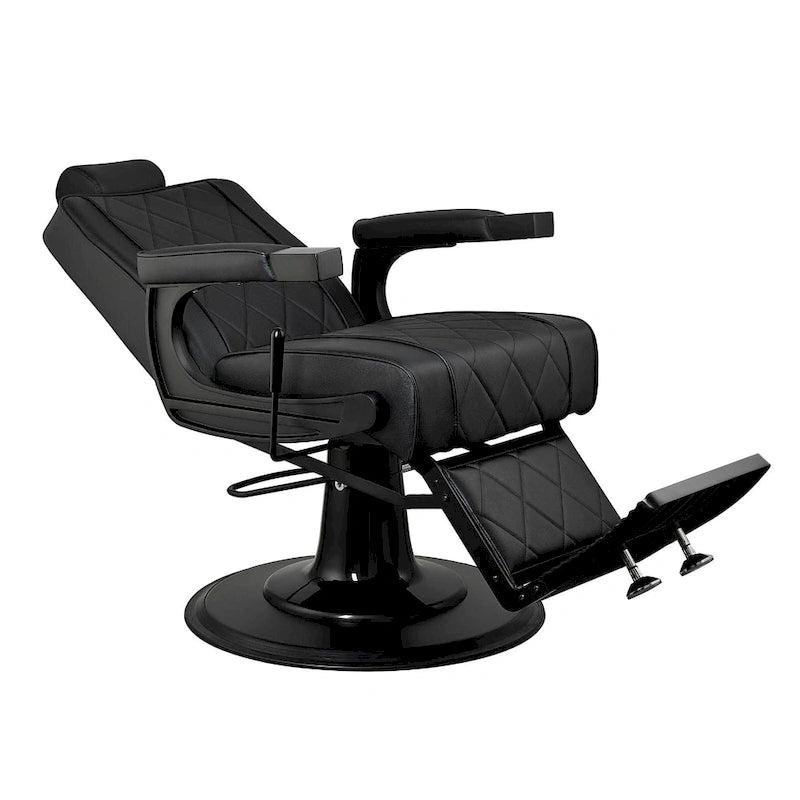 Reclining Barber Chair with Hydraulic Pump, Flip-Out Footrest & Vinyl Upholstery, Black, Retro Style – 1 Person
