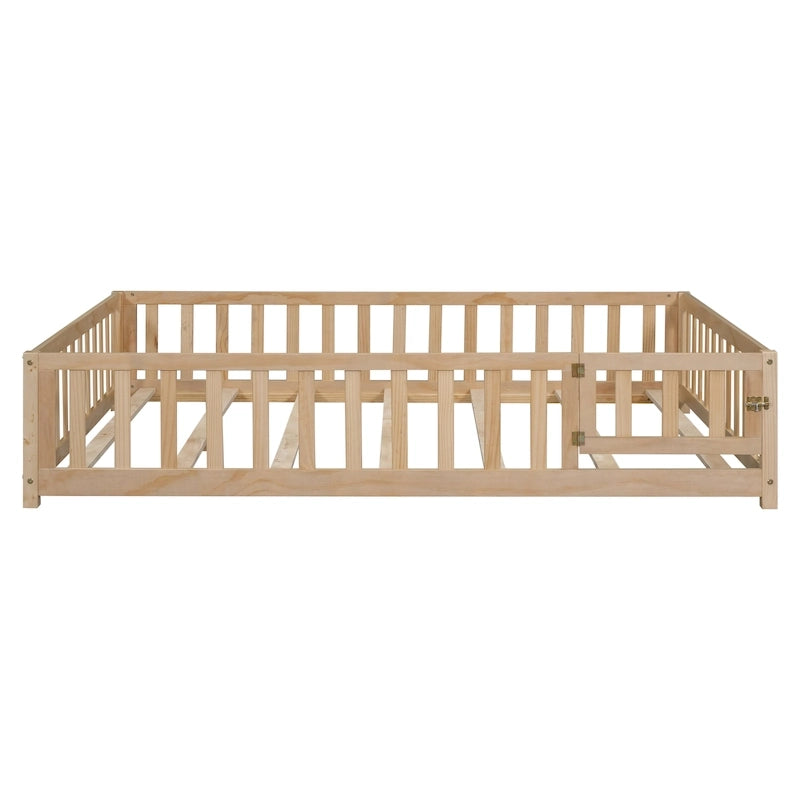 Full Size Kids Floor Platform Bed with Fence & Door, Natural / Wine / Grey, Montessori Style
