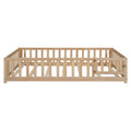 Full Size Kids Floor Platform Bed with Fence & Door, Natural / Wine / Grey, Montessori Style