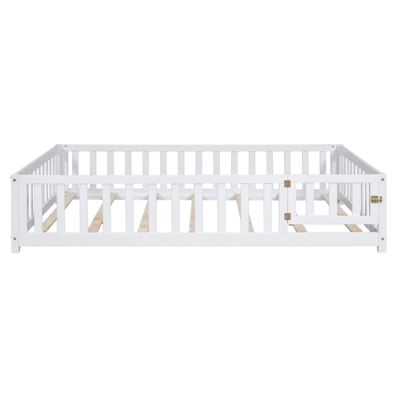 Full Size Kids Floor Platform Bed with Fence & Door, Natural / Wine / Grey, Montessori Style