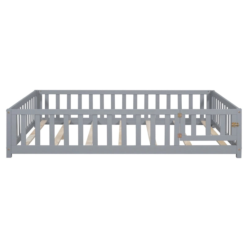 Full Size Kids Floor Platform Bed with Fence & Door, Natural / Wine / Grey, Montessori Style