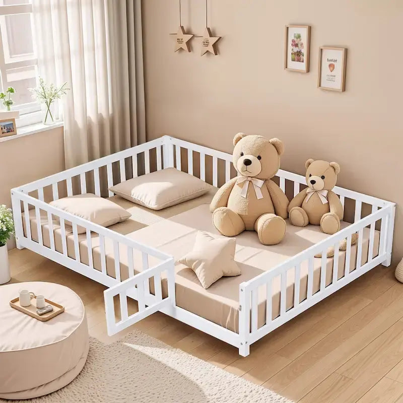 Full Size Kids Floor Platform Bed with Fence & Door, Natural / Wine / Grey, Montessori Style