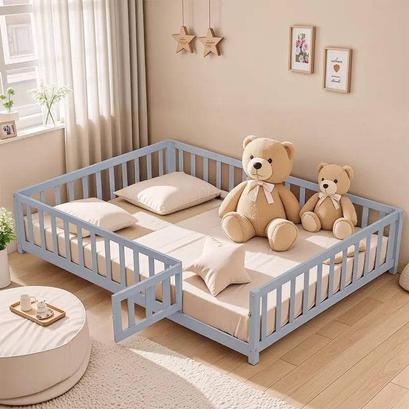 Full Size Kids Floor Platform Bed with Fence & Door, Natural / Wine / Grey, Montessori Style