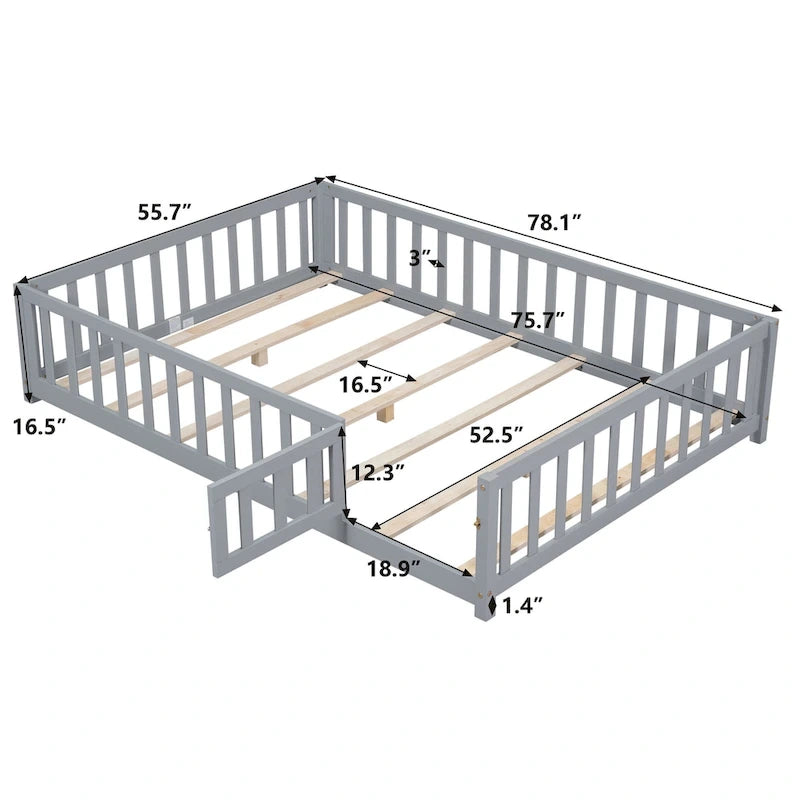 Full Size Kids Floor Platform Bed with Fence & Door, Natural / Wine / Grey, Montessori Style