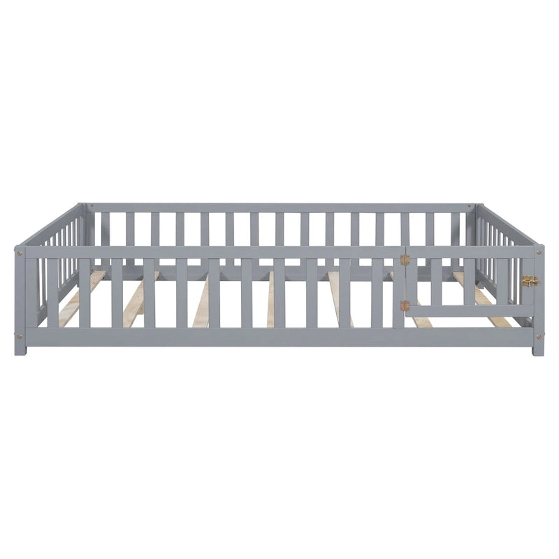 Full Size Kids Floor Platform Bed with Fence & Door, Natural / Wine / Grey, Montessori Style