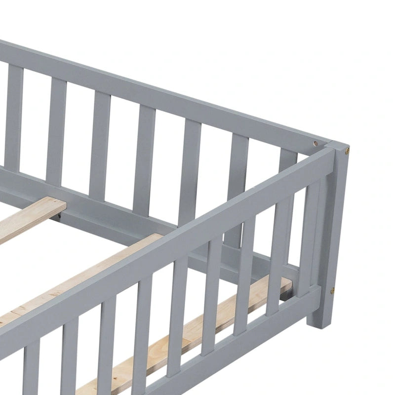 Full Size Kids Floor Platform Bed with Fence & Door, Natural / Wine / Grey, Montessori Style
