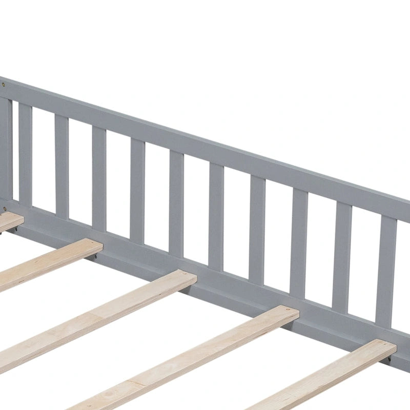 Full Size Kids Floor Platform Bed with Fence & Door, Natural / Wine / Grey, Montessori Style