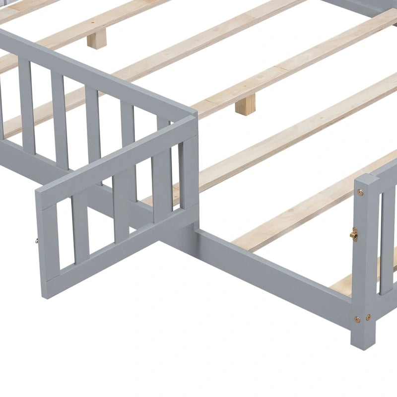 Full Size Kids Floor Platform Bed with Fence & Door, Natural / Wine / Grey, Montessori Style