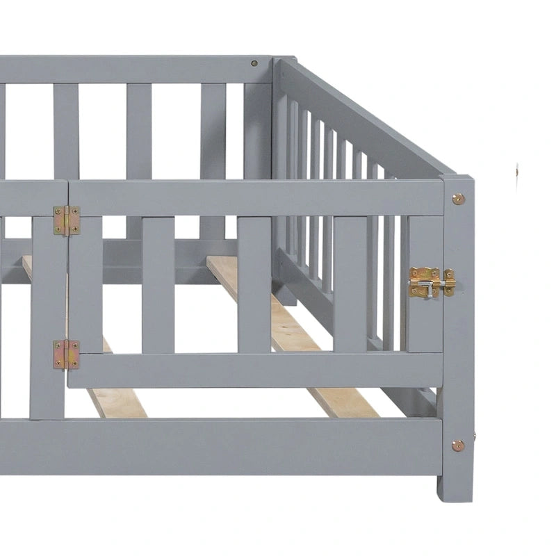 Full Size Kids Floor Platform Bed with Fence & Door, Natural / Wine / Grey, Montessori Style