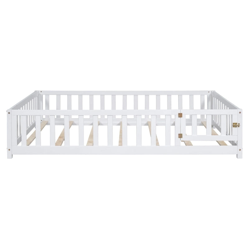Full Size Kids Floor Platform Bed with Fence & Door, Natural / Wine / Grey, Montessori Style