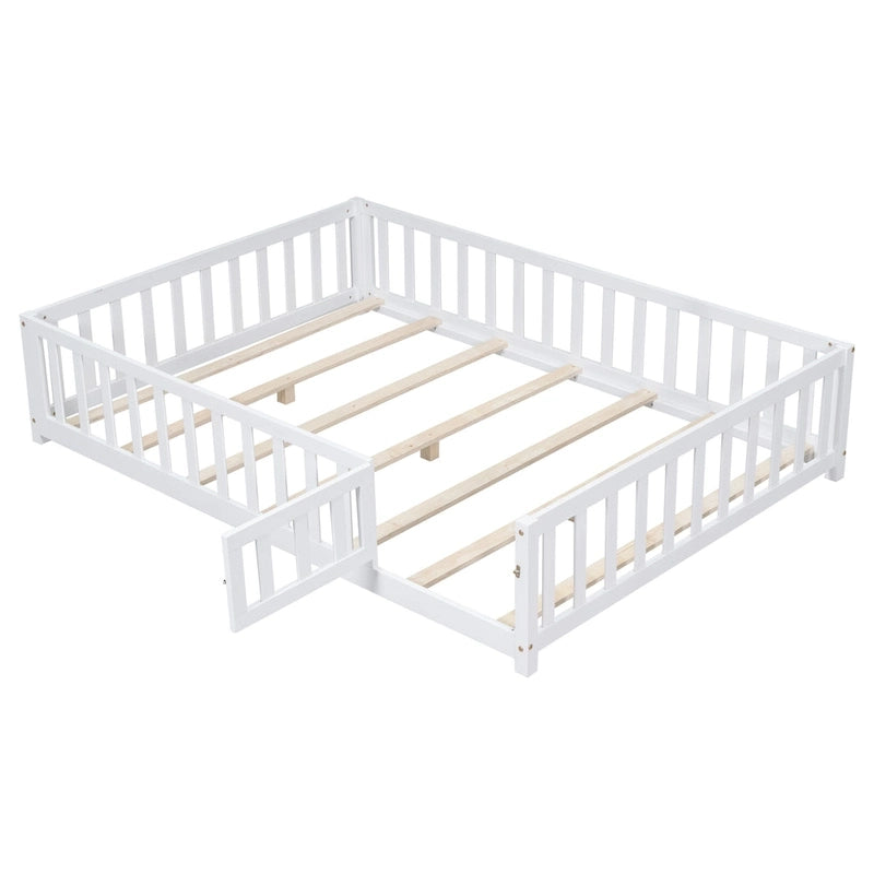 Full Size Kids Floor Platform Bed with Fence & Door, Natural / Wine / Grey, Montessori Style