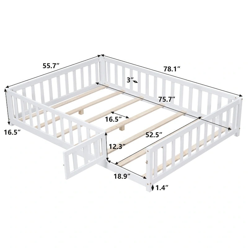 Full Size Kids Floor Platform Bed with Fence & Door, Natural / Wine / Grey, Montessori Style