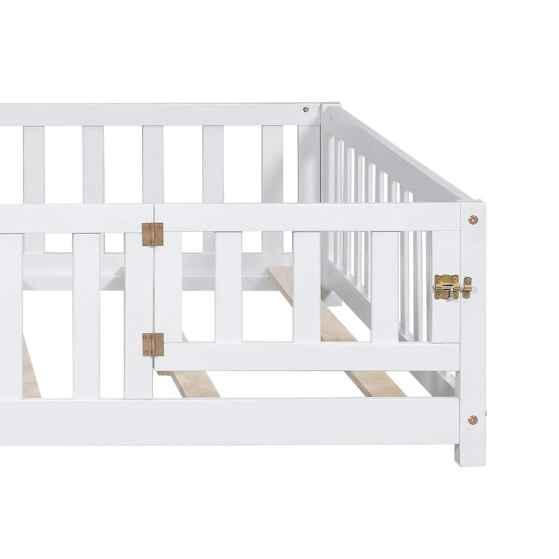 Full Size Kids Floor Platform Bed with Fence & Door, Natural / Wine / Grey, Montessori Style