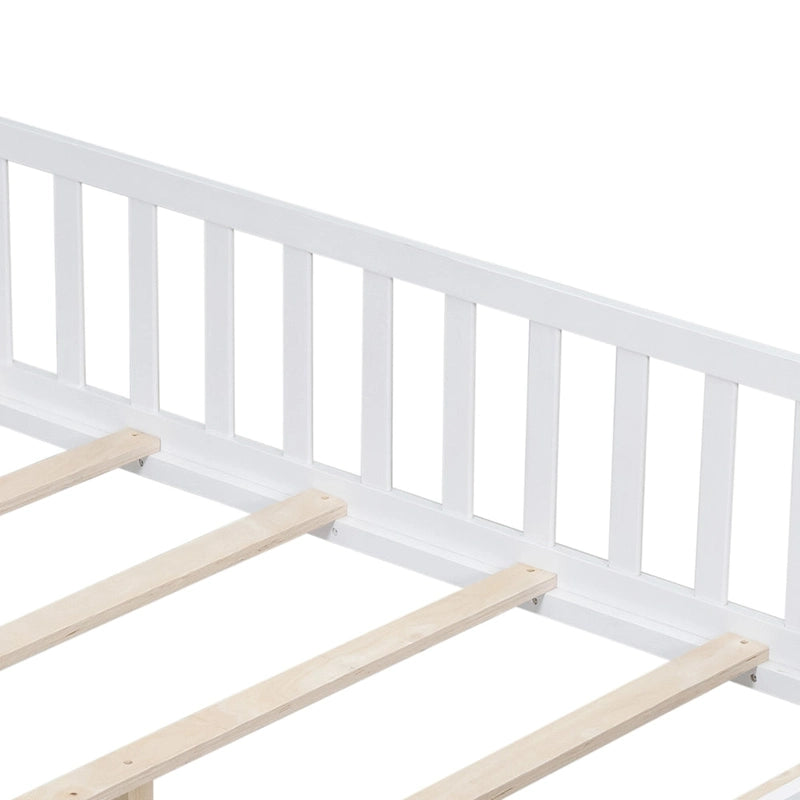 Full Size Kids Floor Platform Bed with Fence & Door, Natural / Wine / Grey, Montessori Style