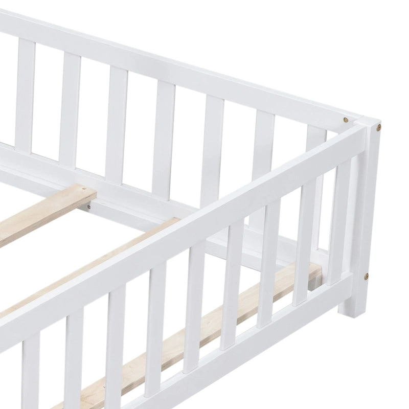 Full Size Kids Floor Platform Bed with Fence & Door, Natural / Wine / Grey, Montessori Style