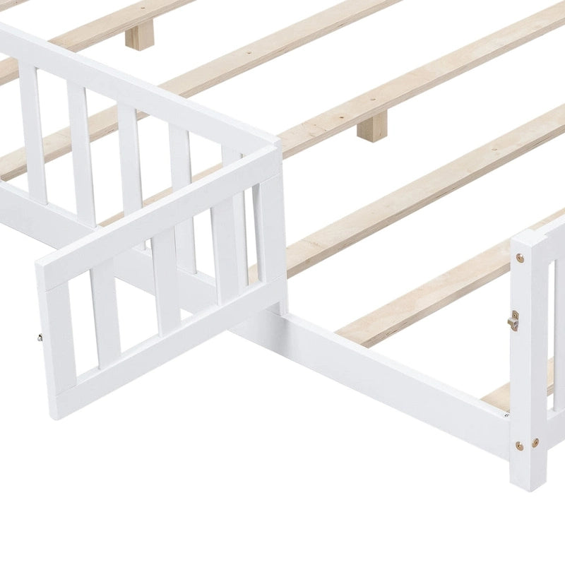 Full Size Kids Floor Platform Bed with Fence & Door, Natural / Wine / Grey, Montessori Style