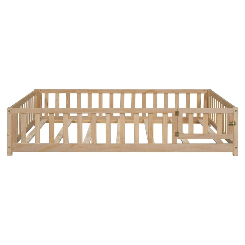 Full Size Kids Floor Platform Bed with Fence & Door, Natural / Wine / Grey, Montessori Style