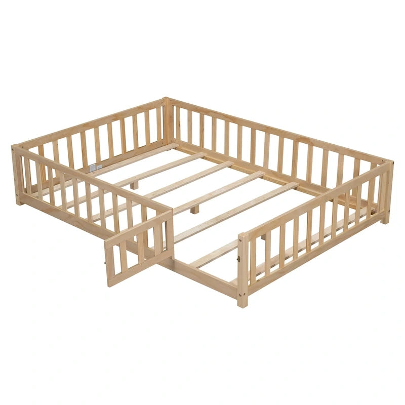 Full Size Kids Floor Platform Bed with Fence & Door, Natural / Wine / Grey, Montessori Style