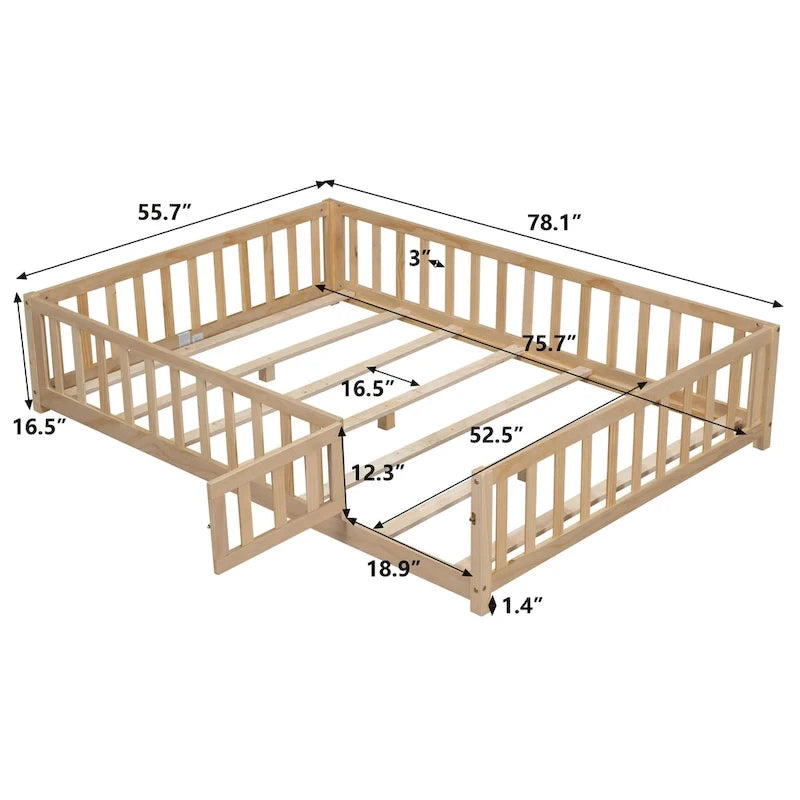 Full Size Kids Floor Platform Bed with Fence & Door, Natural / Wine / Grey, Montessori Style