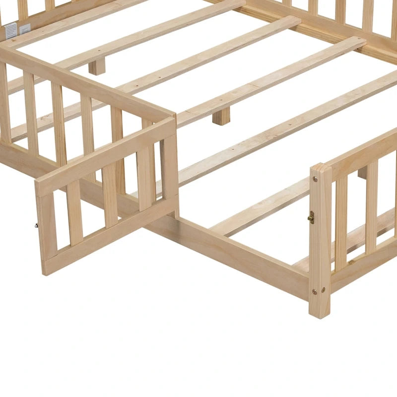 Full Size Kids Floor Platform Bed with Fence & Door, Natural / Wine / Grey, Montessori Style