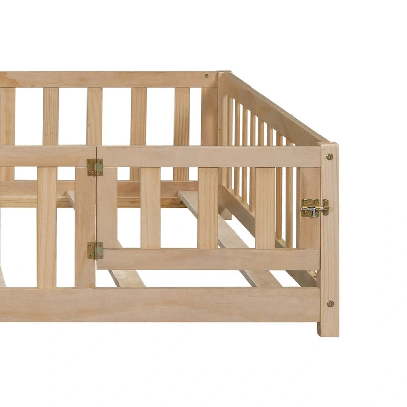 Full Size Kids Floor Platform Bed with Fence & Door, Natural / Wine / Grey, Montessori Style