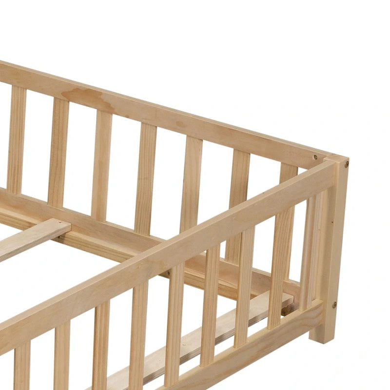 Full Size Kids Floor Platform Bed with Fence & Door, Natural / Wine / Grey, Montessori Style