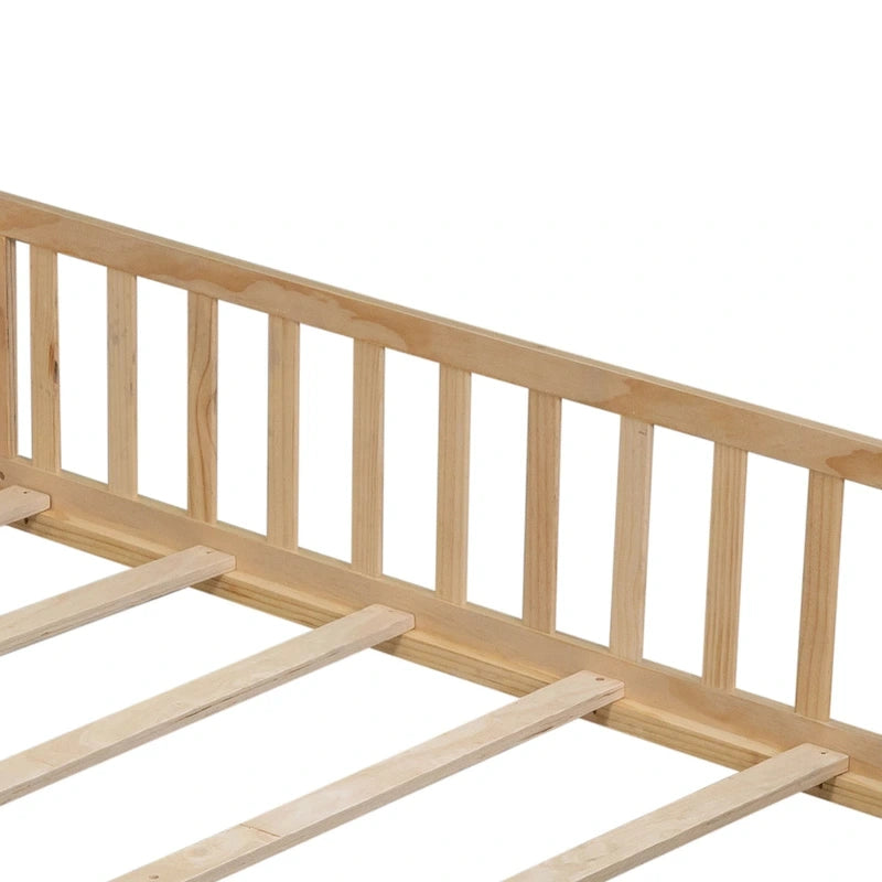 Full Size Kids Floor Platform Bed with Fence & Door, Natural / Wine / Grey, Montessori Style
