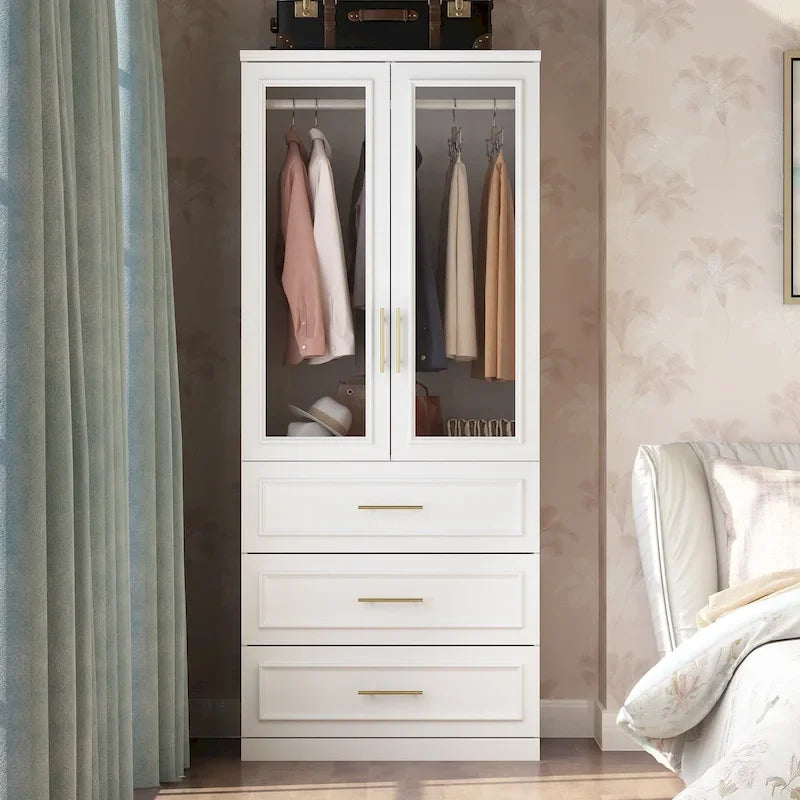Modular Wardrobe Cabinet with Optional Glass Doors & Drawers, White, Modern Style – Multiple Width Options