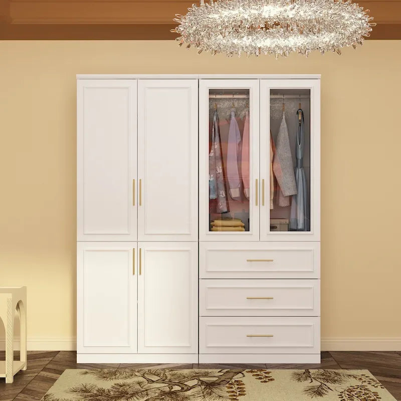 Modular Wardrobe Cabinet with Optional Glass Doors & Drawers, White, Modern Style – Multiple Width Options