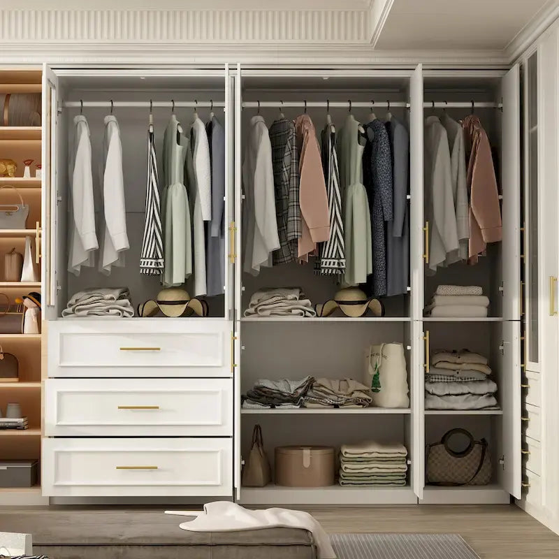 Modular Wardrobe Cabinet with Optional Glass Doors & Drawers, White, Modern Style – Multiple Width Options