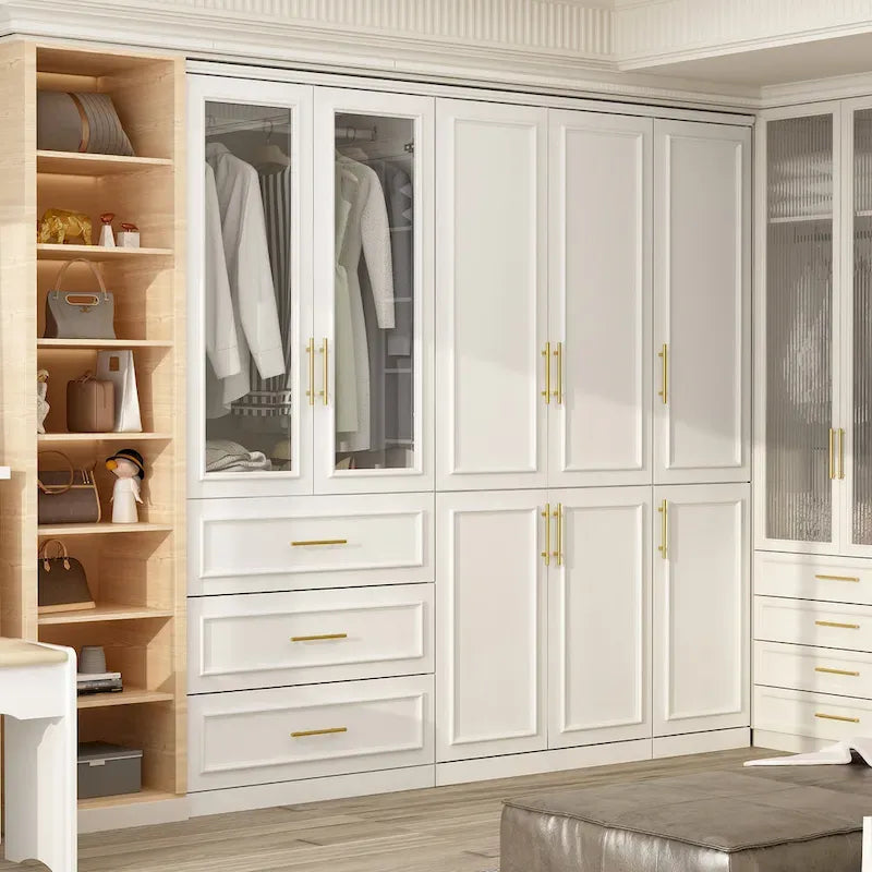 Modular Wardrobe Cabinet with Optional Glass Doors & Drawers, White, Modern Style – Multiple Width Options